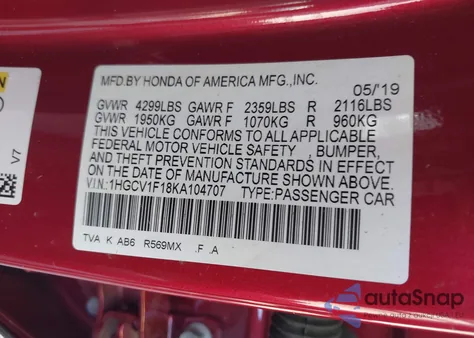 2019 Honda Accord Lx 1.5T from USA, damaged, VIN 1HGCV1F18KA104707